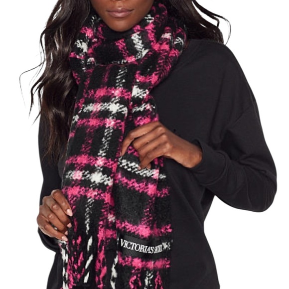 Victoria's Secret Accessories - Victoria's Secret Plush Plaid Scarf Fringe Edge Pink and Black